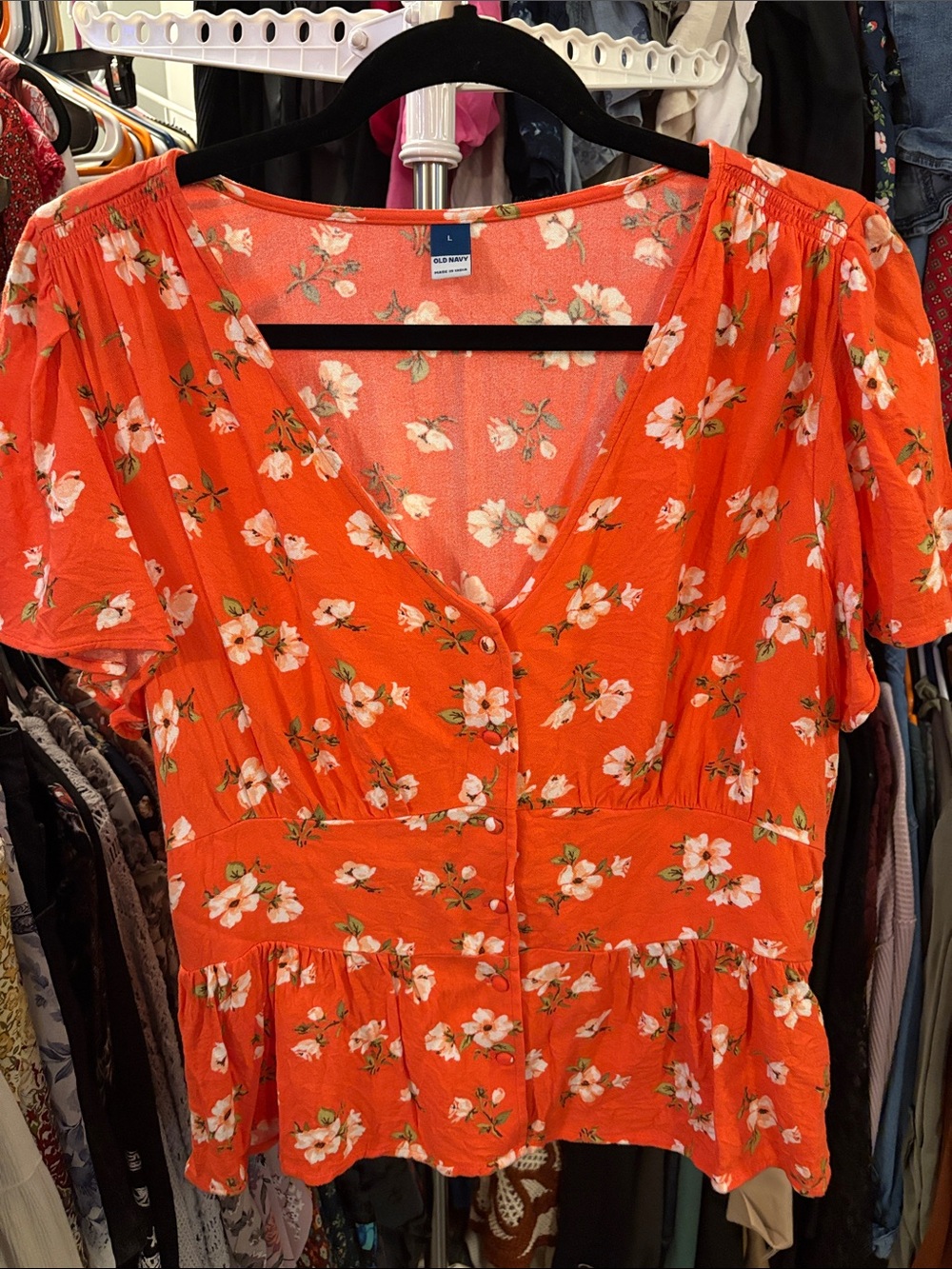 Old Navy Orange Floral Button-Front Peplum Top